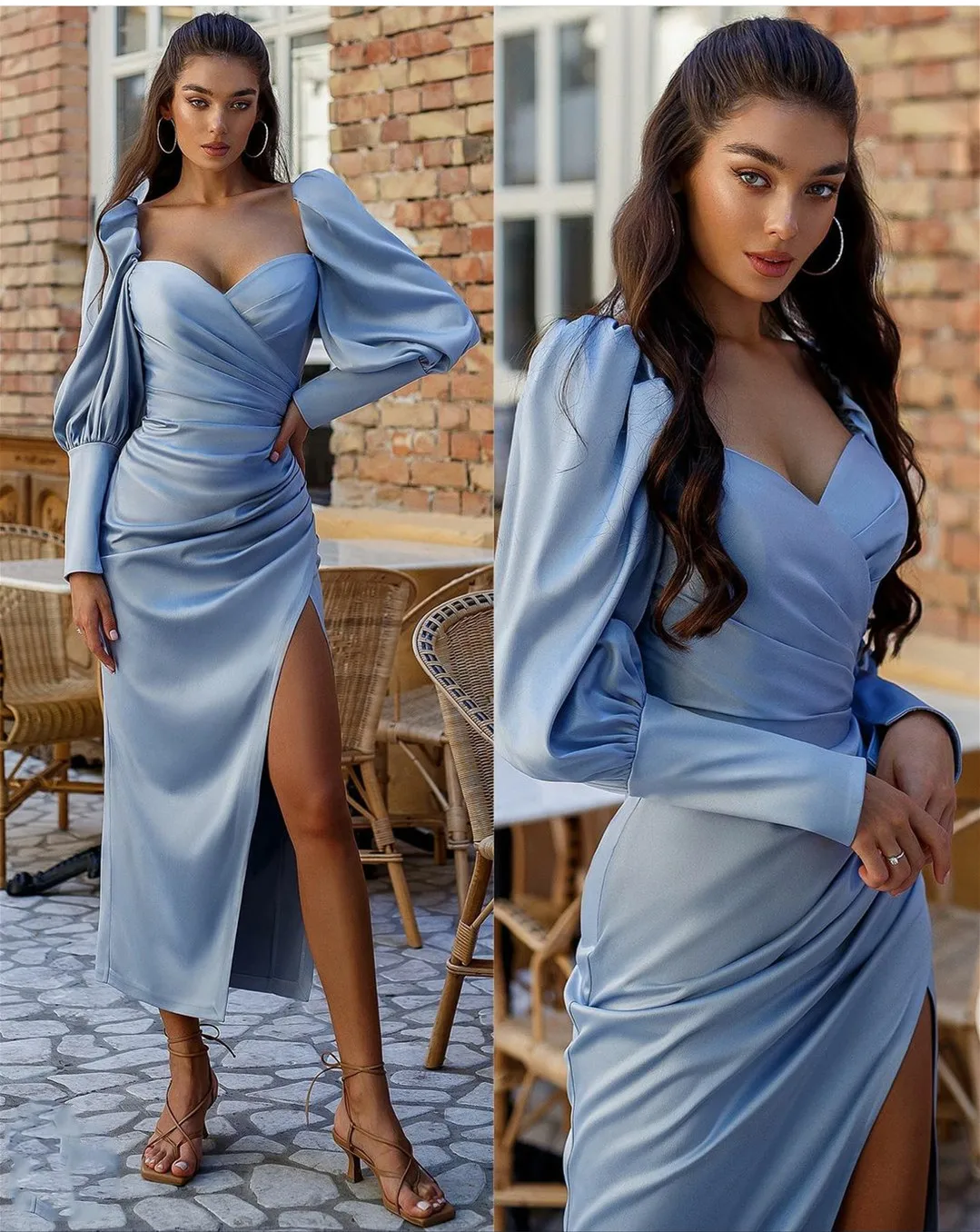 

New Fashion 2023 Sweetheart Pleated Formal Gown Custom Made High Split Ankle Length Blue Short Evening Dresses