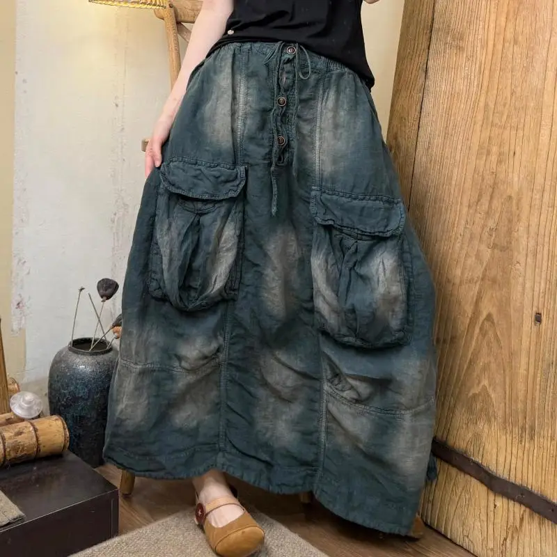 

Spring Summer Arts Style Women Elastic Waist Loose Long Skirt Big Pocket Vintage Tie Dye Cotton Linen Skirt High Quality TH45