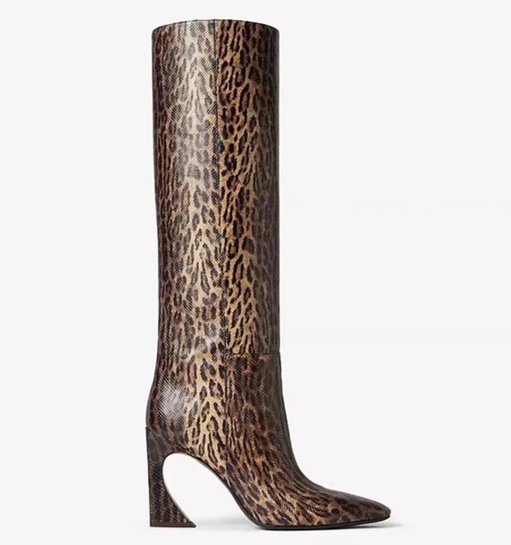 

Leopard Print Pointed Toe Block Heel Thigh-High Boots Straight Design Fashion Wild Edgy Style Cool Street Looks for Women