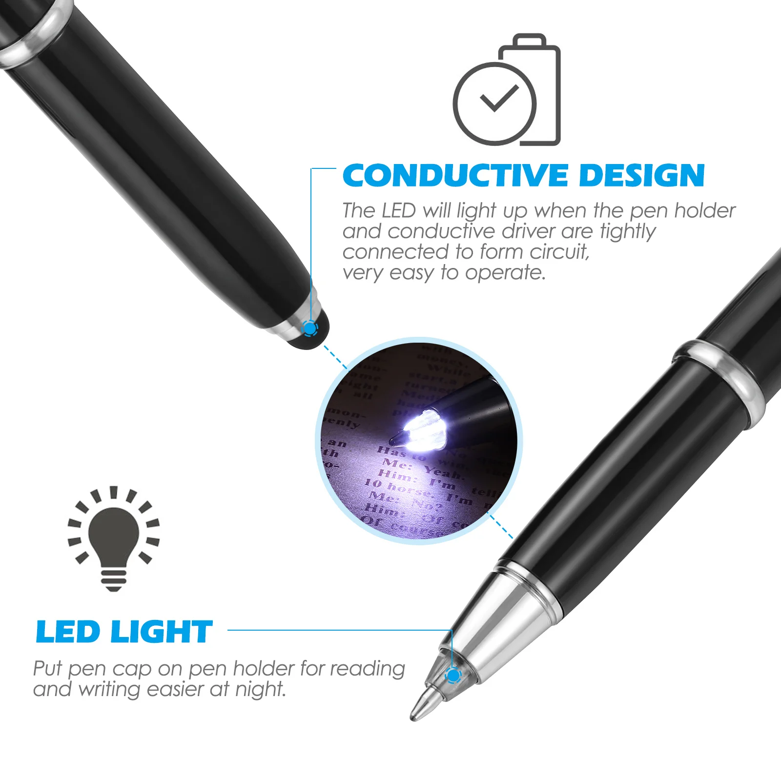 Toyvian 2 buah pena bolpoin LED, pena menulis logam Prcatical, perlengkapan alat tulis berpendar untuk kantor sekolah (hitam)