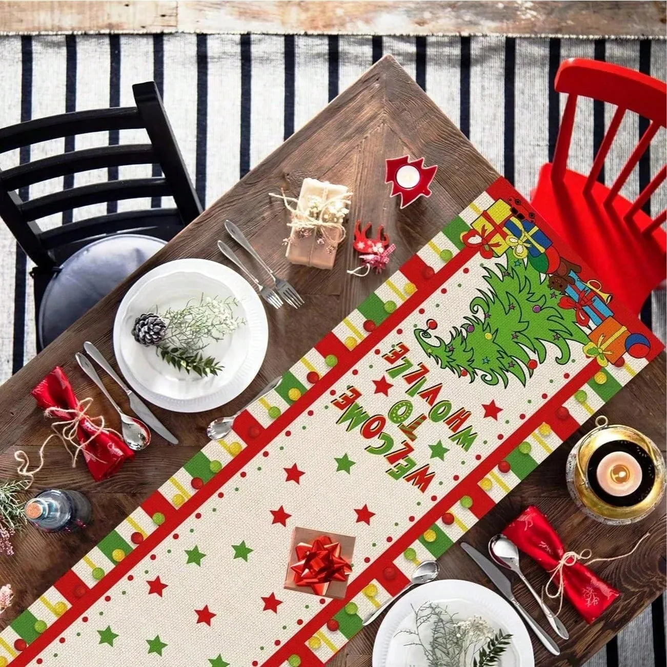 Camino de mesa Grinch con diseño de árbol Whoville, decoración de mesa caprichosa para mesa de comedor, decoración para fiestas navideñas, diseño divertido y duradero