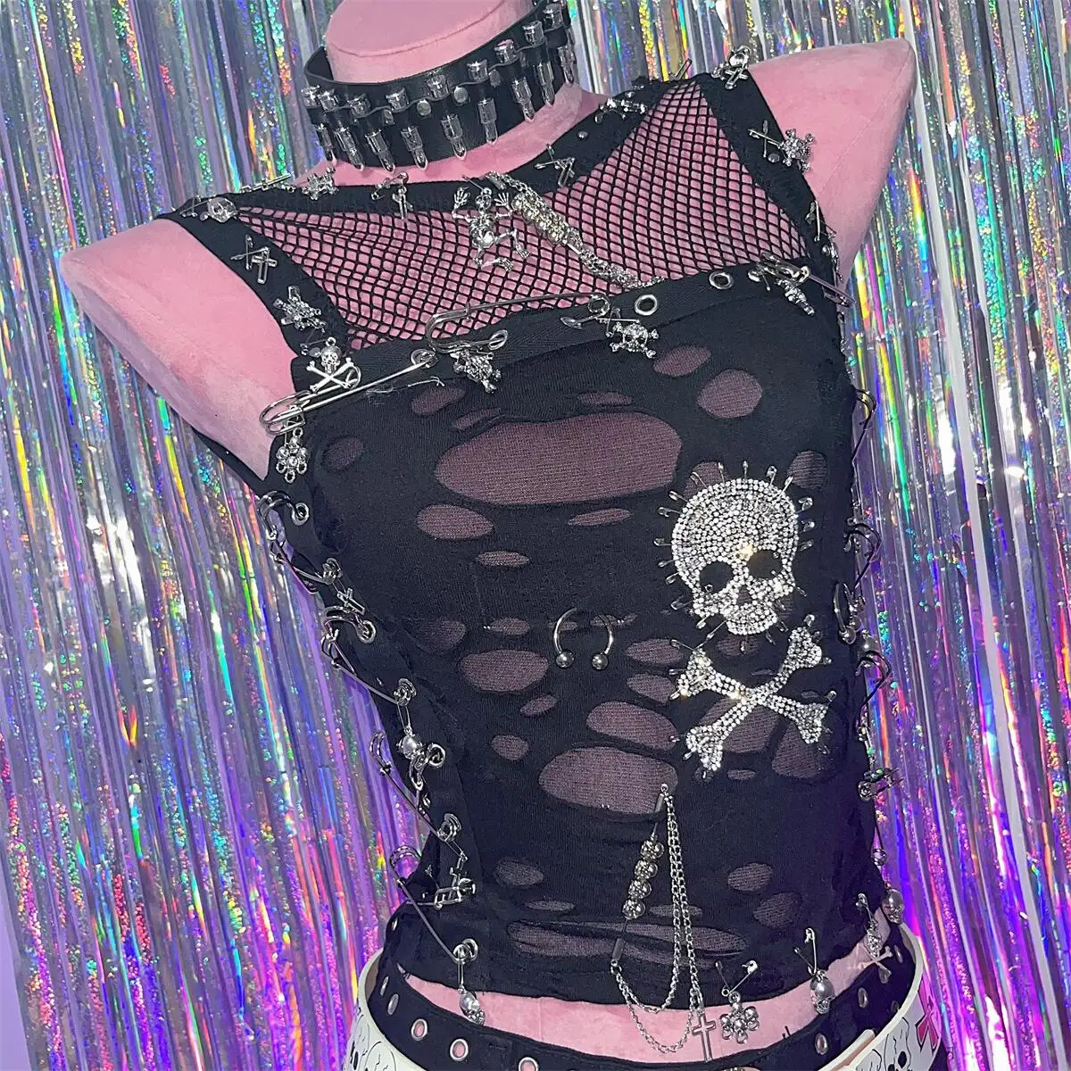 

Сексуальный Y2K Punk k Skeleton Rhinestone Net Svel Pin Chain Vest Top Street Sle Slim Fit Summer Faion для молодых женщин