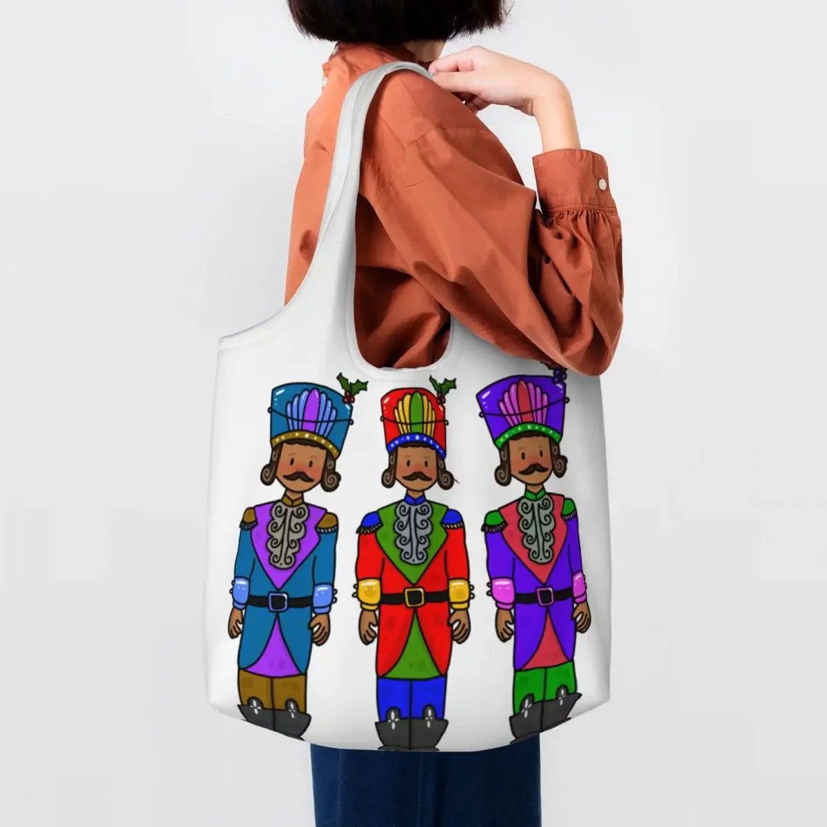 Recycling Cartoon Toy Soldier Christmas Nutcracker Shopping Bag Women Canvas Shoulder Tote Bag Washable Grocery Shopper Bags