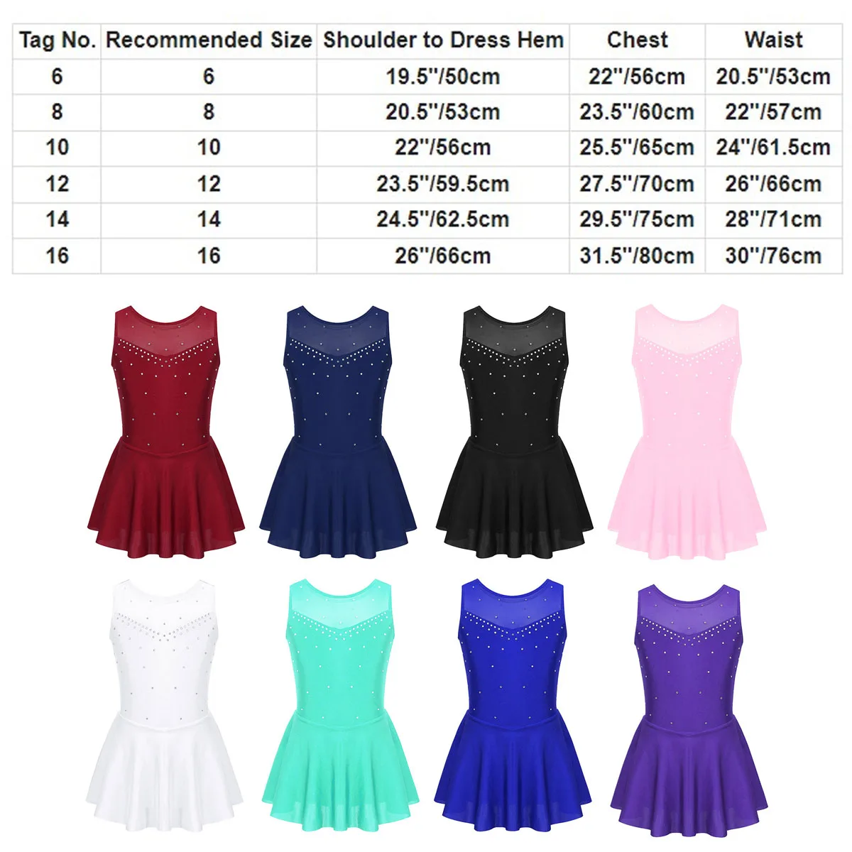 Shiny Rhinestone Figure Ice Skating Dress Kids Girls Sleeveless Mesh Tulle Gymnastics Leotard Ballroom Ballet Dance Costumes