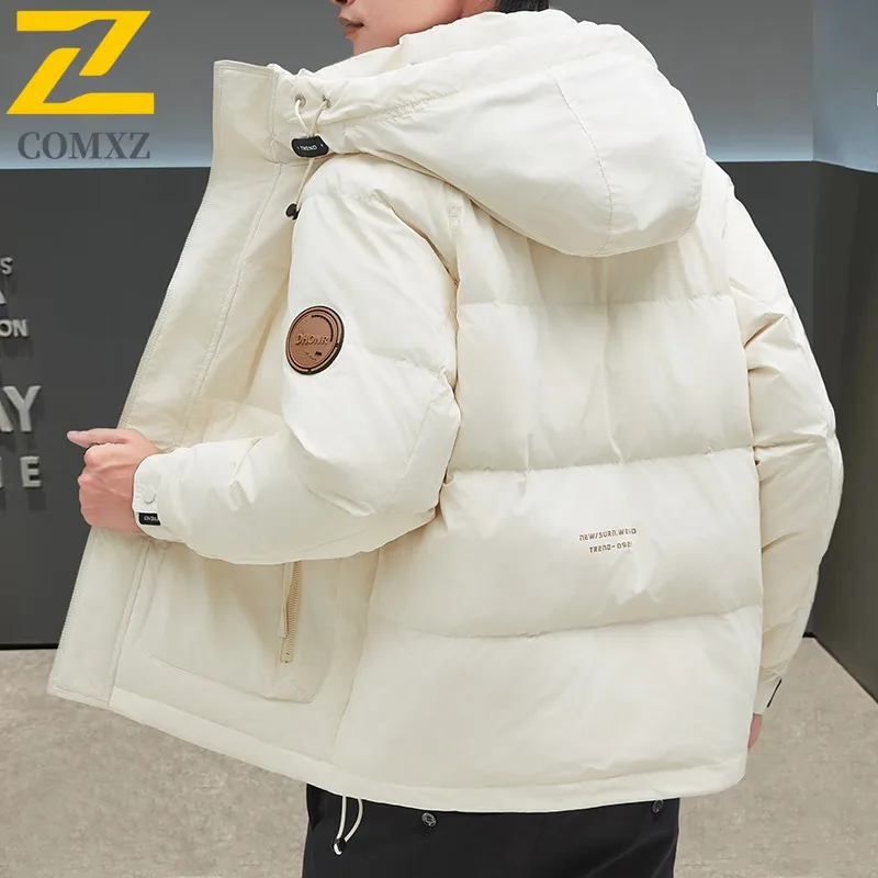 COMXZ Men Down Jacket Autumn Winter New Camping Windproof White Duck Down Hooded Casual Versatile Trendy Solid Color Outerwear
