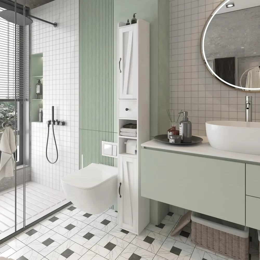 Bathroom Cabinet,with Adjustable Shelf,Cabinets with Retractable Toilet Paper Rod,with 2 Doors,8 Compartments,Bathroom Cabinets