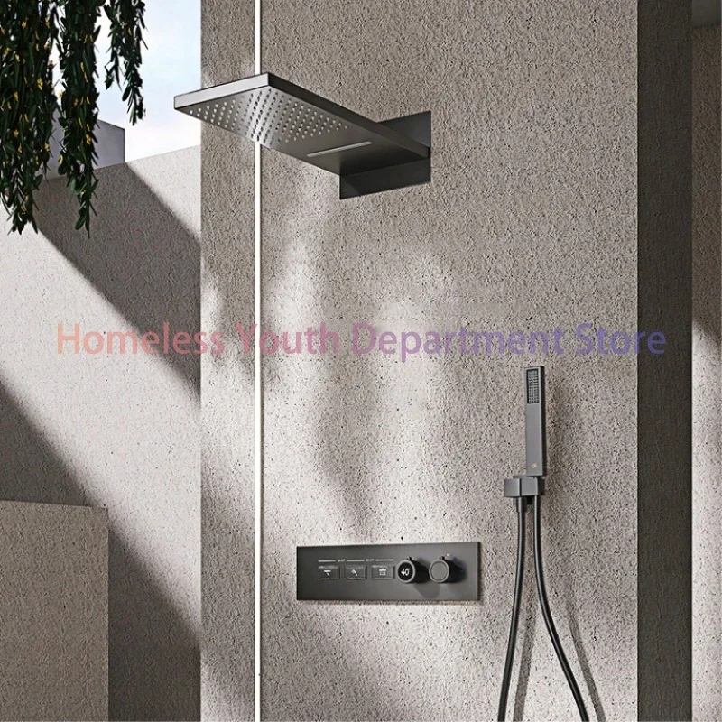 Luxury intelligent digital display brass shower system Black wall mounted design Dual control of cold & hot Hidden bathroom Tap