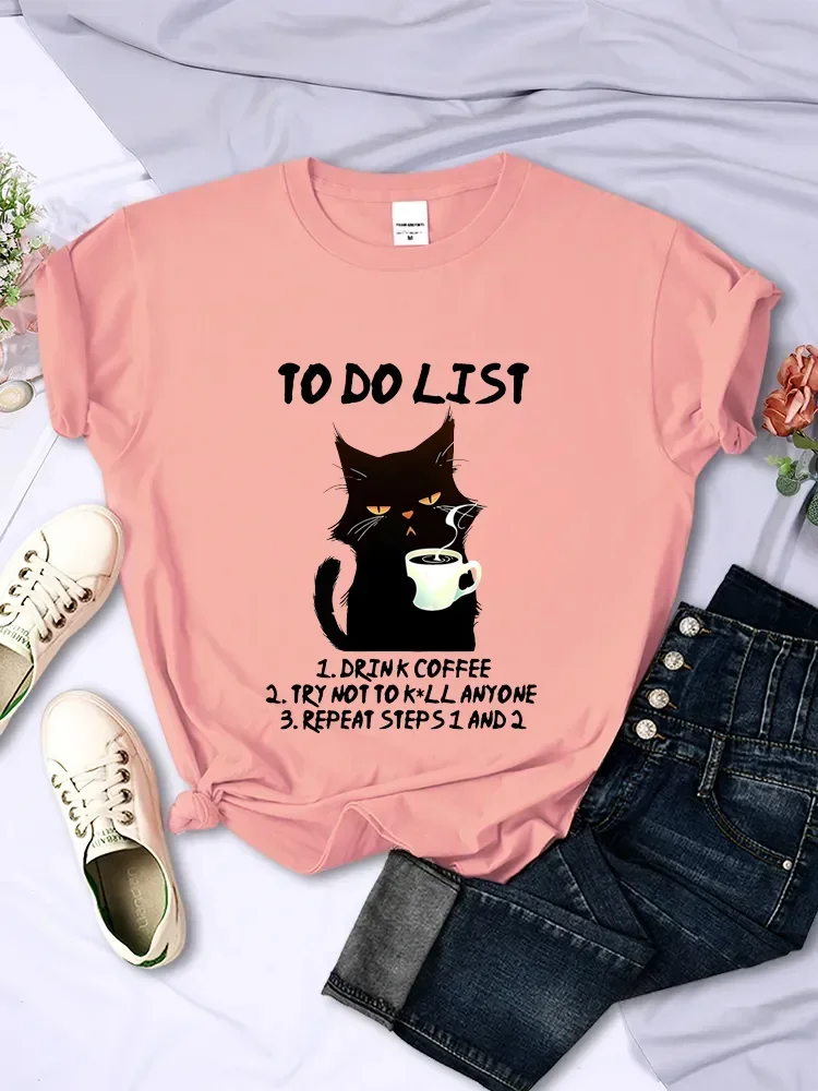 Black Cat To Do List Graphic T Shirts Funny Cat Coffee Tshirts Tops Oversize T-shirt Fashion Harajuku T-shirts Men Brand T-shirt