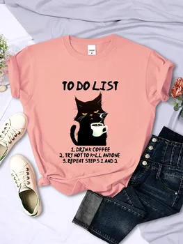 Siyah Kedi Yapılacaklar Listesi Grafik T Shirt Komik Kedi Kahve Tişörtleri Üstleri Büyük Boy T-shirt Moda harajuku t-shirt Erkekler marka tişört