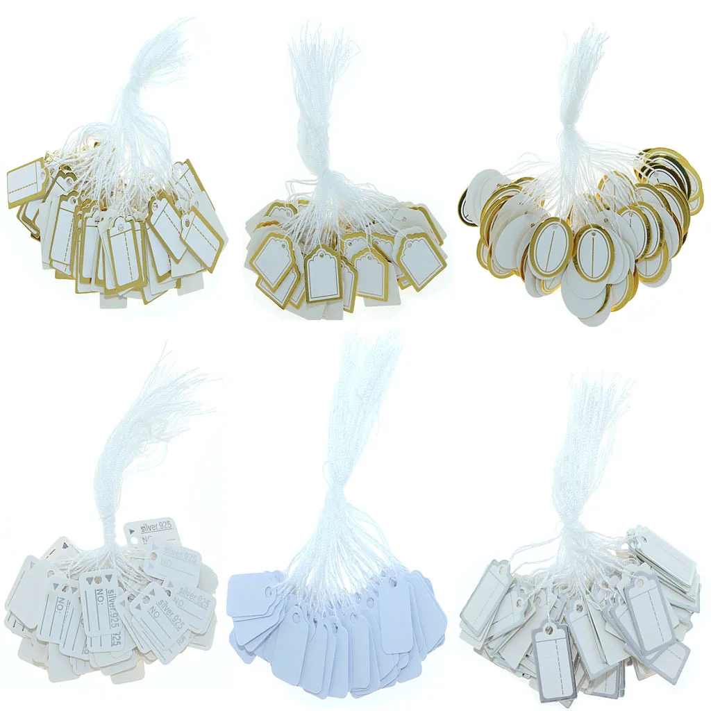 

Jewelry Price Tags 500Pcs With Cotton Thread Gold Silver Edge Writeable Gift Price Label Jewelry Store Display Marking Cards