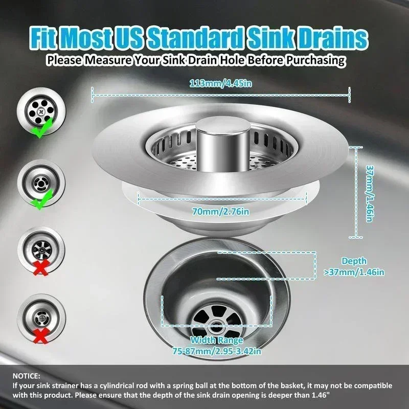 Tapón y colador de fregadero multifuncional 3 en 1, acero inoxidable 304, antiobstrucción y duradero, compatible con estándar estadounidense de 3,5 pulgadas