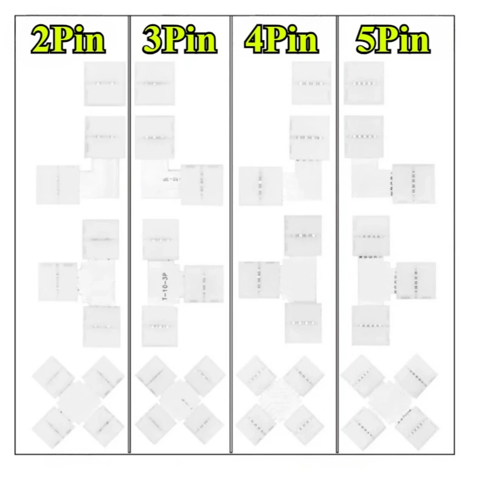 RGB LED Connector 2/3/4/5Pin 8/10/12mm I/L/T/X Shape Free Soldering Connector for 5050 3528 LED Single Color RGB Strip Light