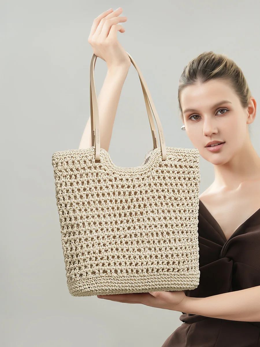 

2025 Large Capacity Handmade Woven Shoulder Tote Bag for Women Hollow Versatile Beach Bag New Style