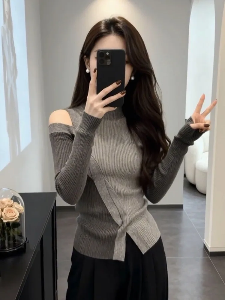 

Корейский трикотажный топ Slim Fit с цветными блоками, открытыми плечами и высоким воротником, женская весенняя модная повседневная кофта с длинными рукавами