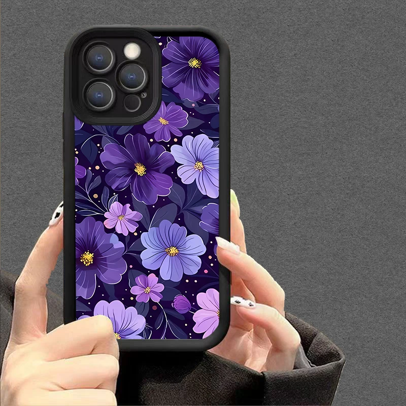 Purple flower soft shell is suitable for iPhone 16 Pro Max 16 11 15 14 13 12 Pro Max Plus fashion items for teenagers and girls.
