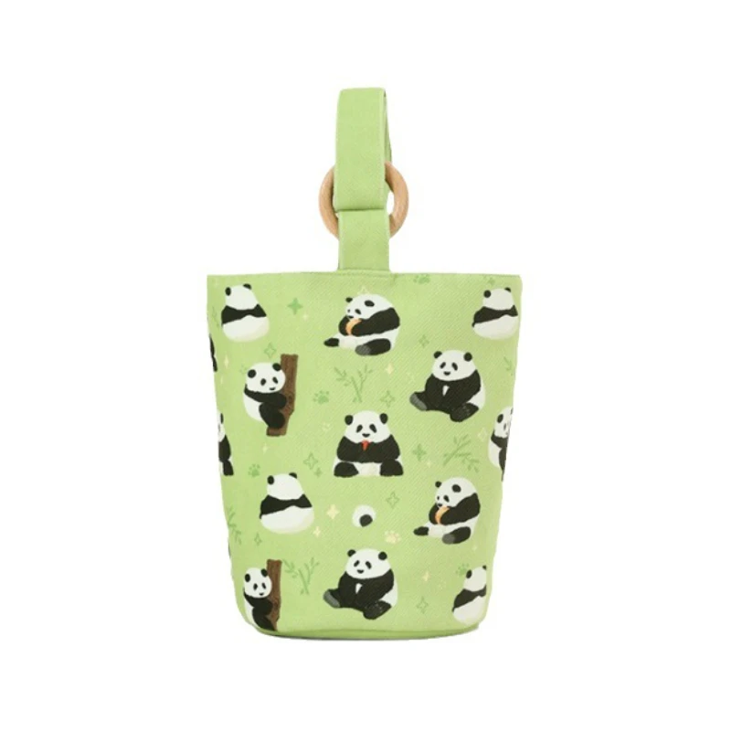 Handbag Canvas Panda Cartoon Print Portable Small Mini Bucket Bag Cute Lunch Bag Travel Casual Storage Bag New Trend All-match