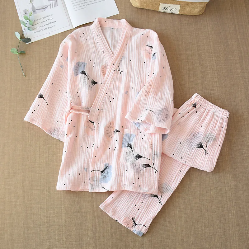 Cute Print Cartoon 2PCS Cotton Kimono Nightgown Sexy Lady Pajamas Suit Home Clothes Sleepwear Homewear Summer Lingerie Bathrobe