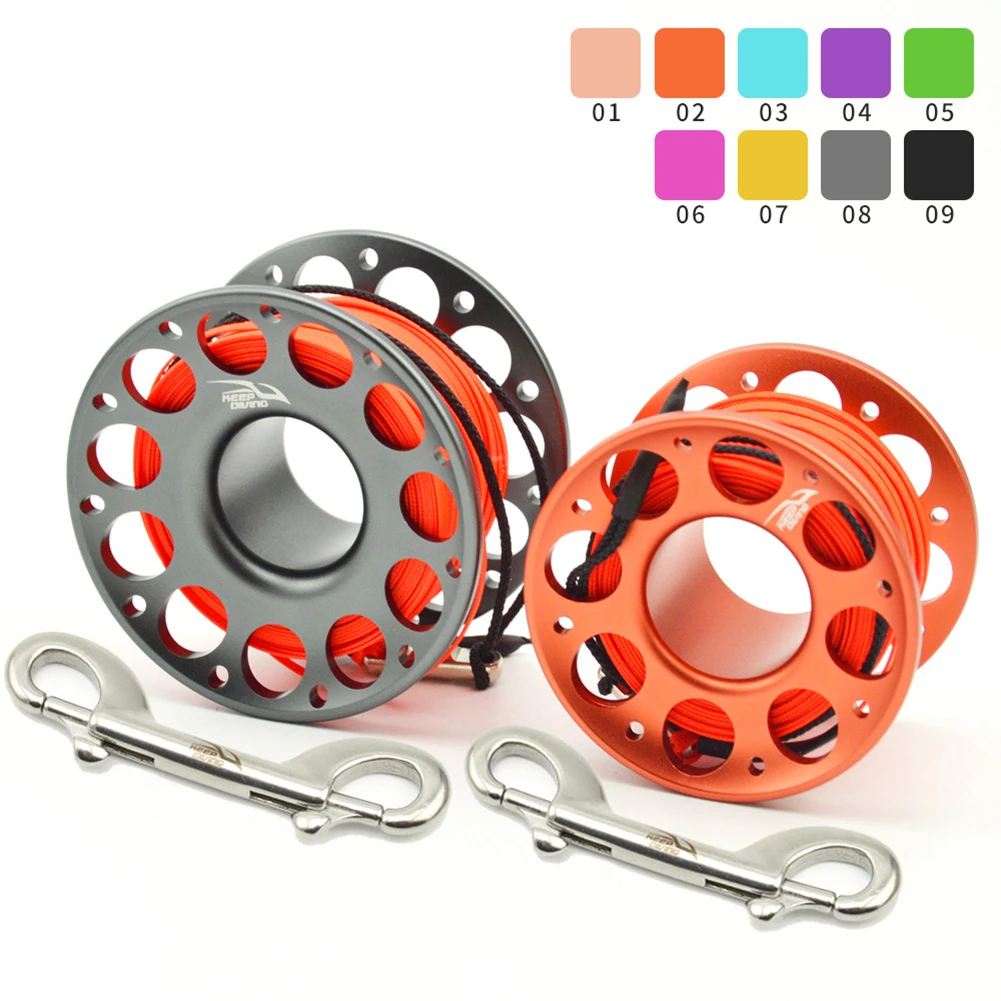 Scuba Diving Reel 15/30M Aviation Aluminum Unwinding Wheel Stainless Steel With Double Hook Float Rope Release Device