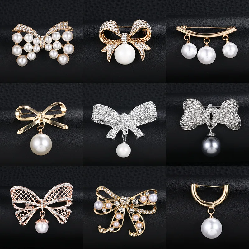 Vintage Pearl Bowknot Pins Brooches For Women Rhinestones Broches Designer Jewelry for Hijab