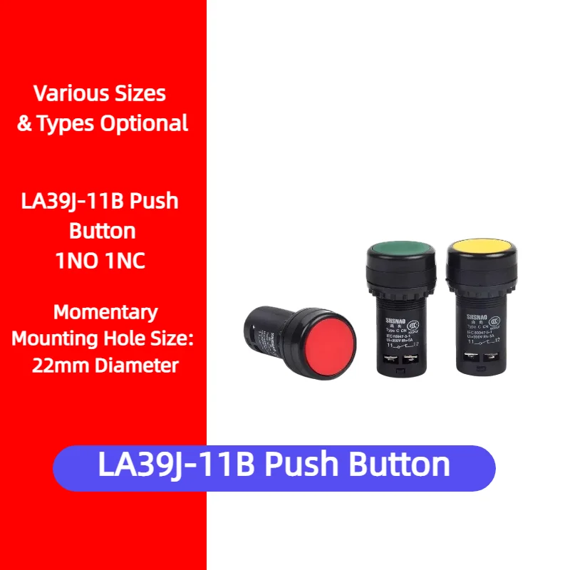 Interrupteur à bouton-poussoir LA39J-11B, momentané, rouge, vert, 1NO 1NC, 22 mm, type économique, contact argenté pour équipement de contrôle industriel