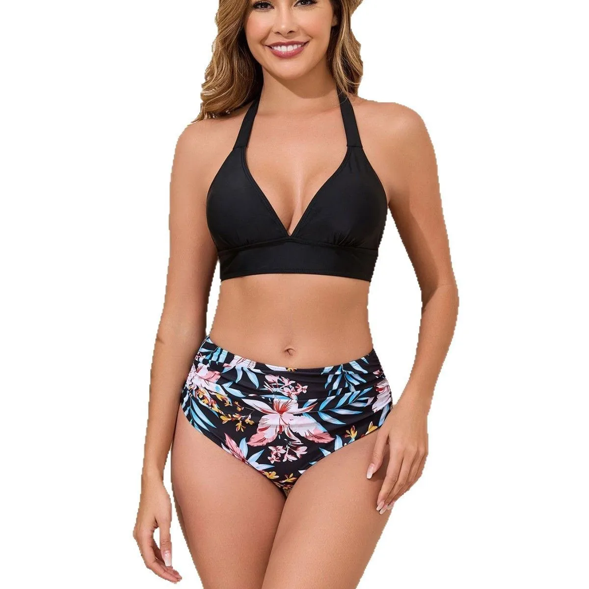 

2026 Women's Sexy Deep V Halter Neck 2-Piece Bikini Set Push-Up Slimming Swimwear Summer Beachwear Bathing Suits