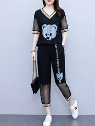 Mesh Spliced See Throught Tracksuit Women Cartoon Casual Set 2PCS Summer V Collar Tees And Long Trousers