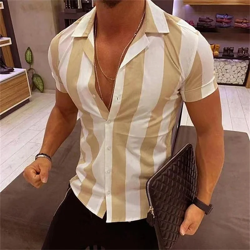 Striped Color Lapel Shirt Fashion Casual Outdoor Designer T Shirt Street Party Men's Quality Button T Shirt Short Sleeve 2024