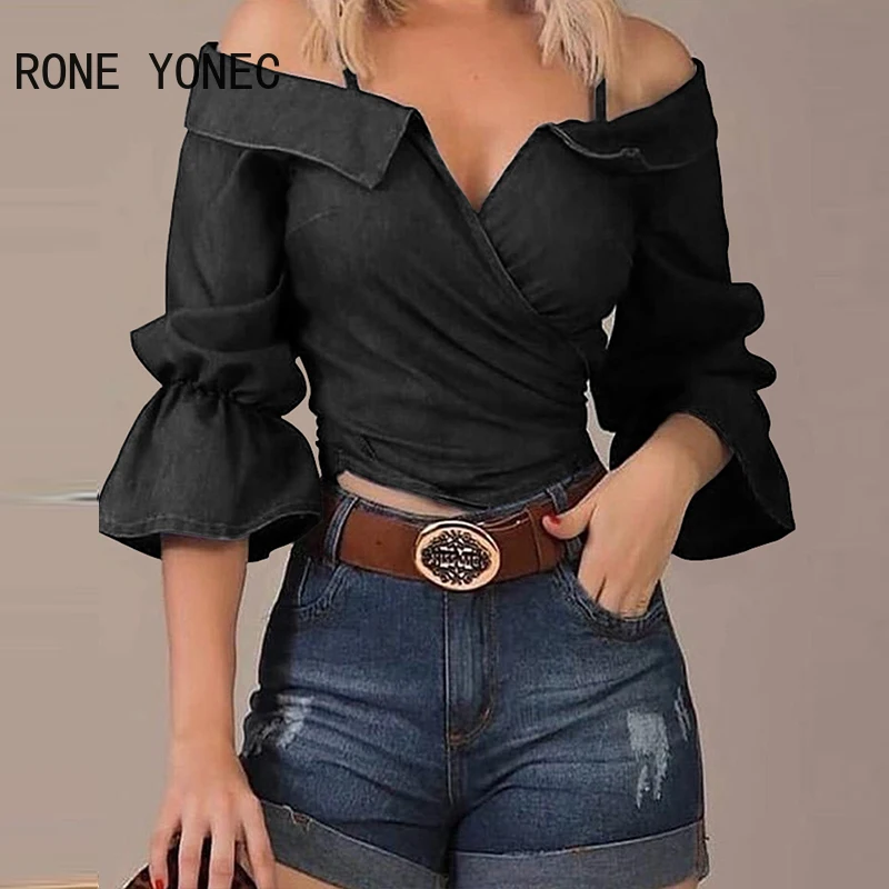 2024 Women Chic Off Shoulder Three Quarter Flared Sleeves Denim Summer Blouse Tops