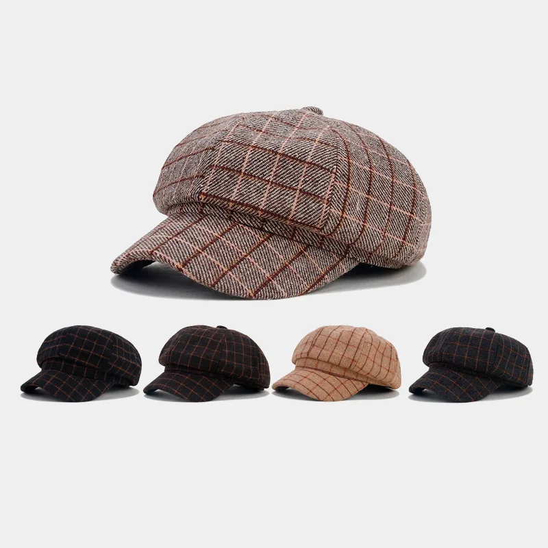 

Newsboy Hat Autumn Winter England Plaid Octagonal Cap women Fashion Duck Tongue Cap Retro Workwear Men Hat Free Shipping Peaked