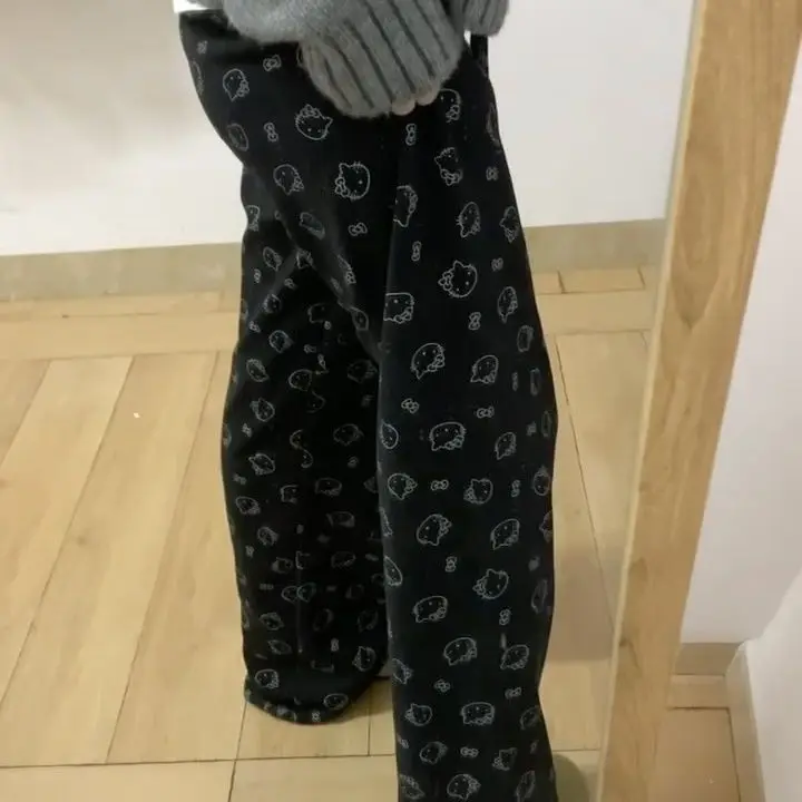 Sanrioed Hello Kittys Cute Print Loose Casual Wide Leg Pants Women Fashion Straight Tube Lazy Leisure Comfortable Lady Trousers