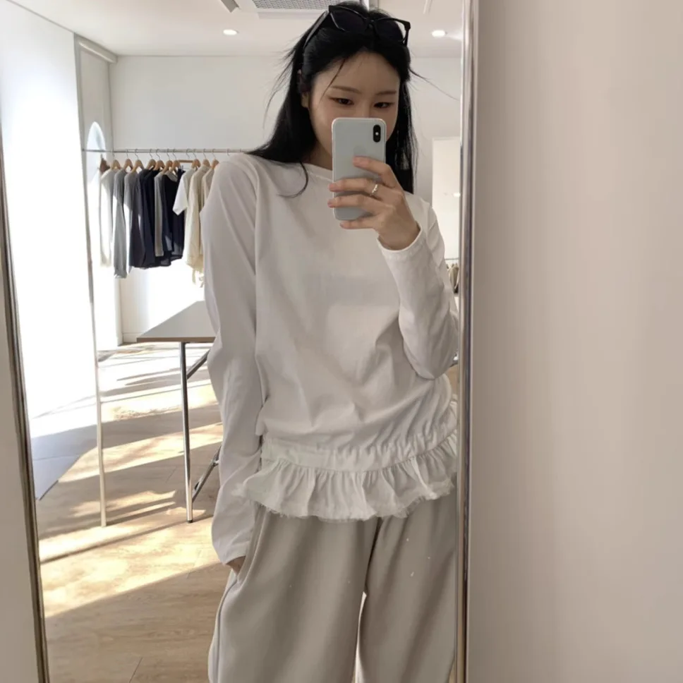 

2026 Early Autumn Chic Korean Sweet Solid Long Sleeve Basic T shirt Lace Ruffle Hem Spliced Versatile Slim Layering Top Women