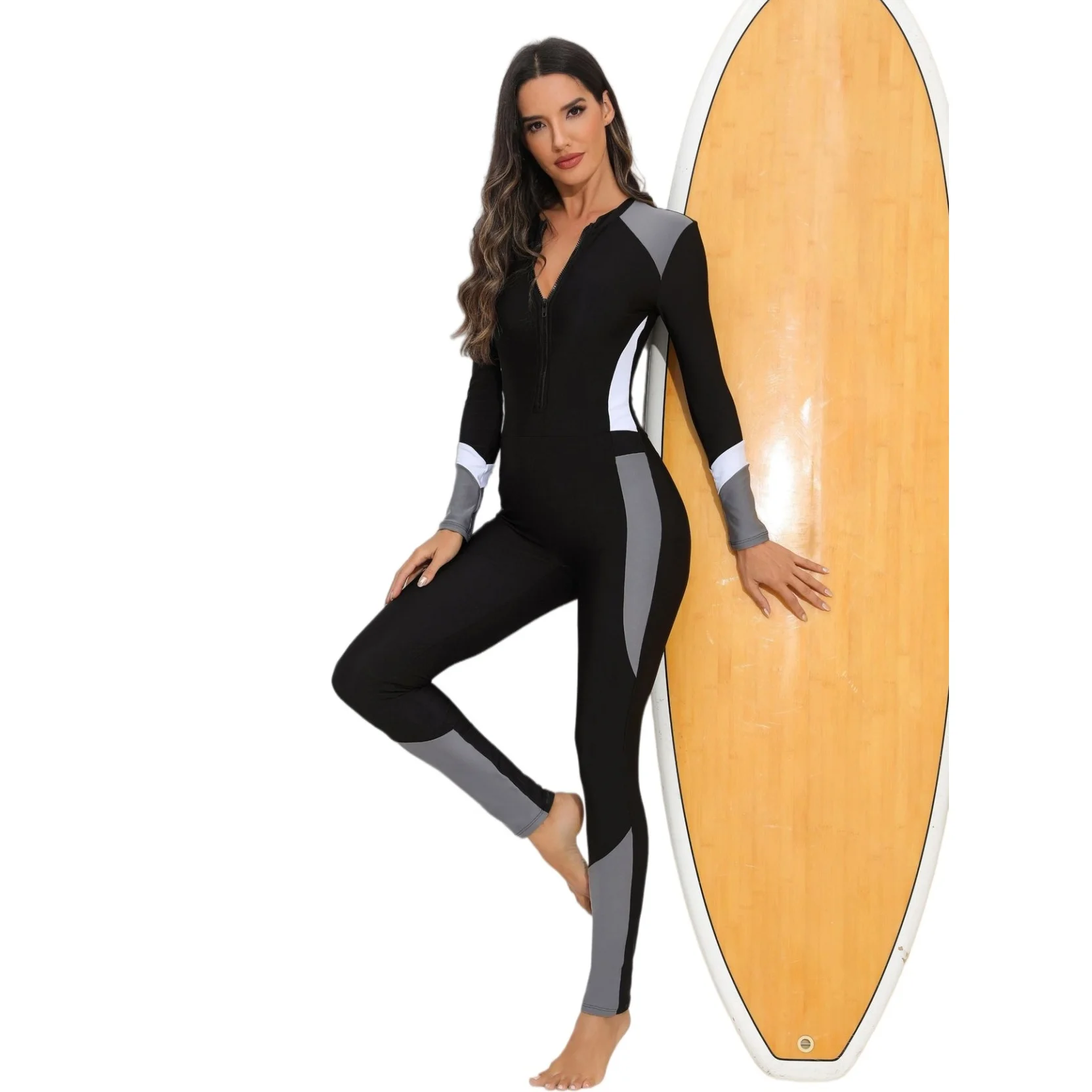 Women's Long Sleeve Wetsuit Full Cover Diving Surf - One Piece Swimsuit with Zipper Rashguard Beachwear Female Swimwear