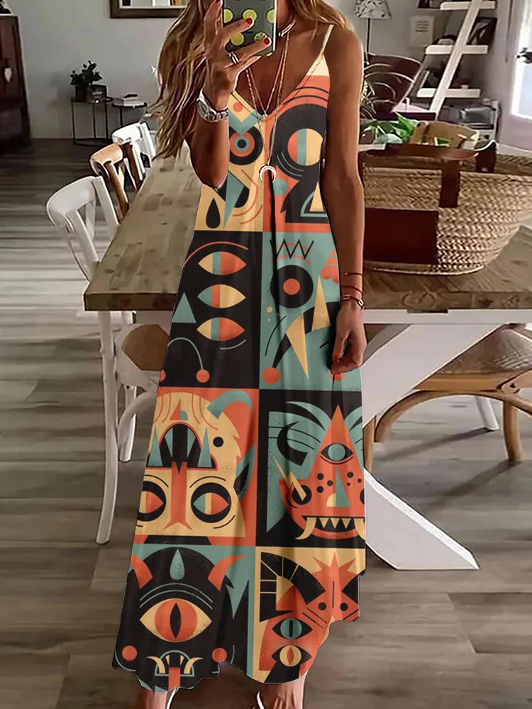 

2025 Devil Face Print Women's Long Dress Outdoor Party Women's Elegant Dress Summer Everyday Casual Women's Sleeveless Dress