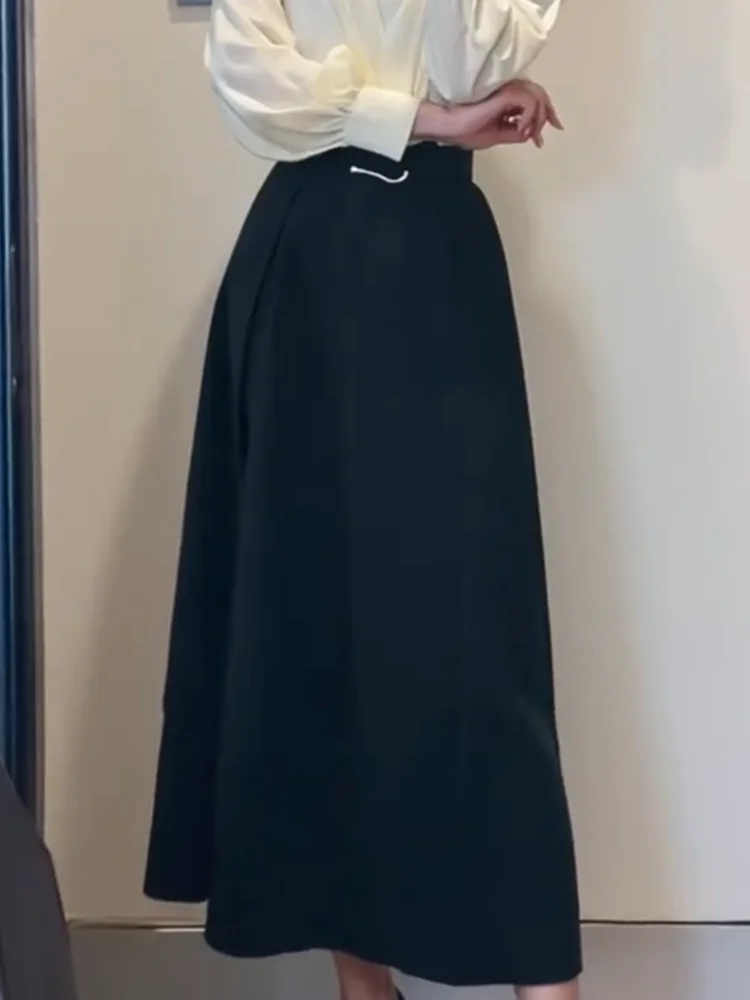 

Черная юбка А-силуэта с высокой талией для женщин, весенняя модная юбка, скрывающая бедра, простая, универсальная, для офиса и повседневной носки