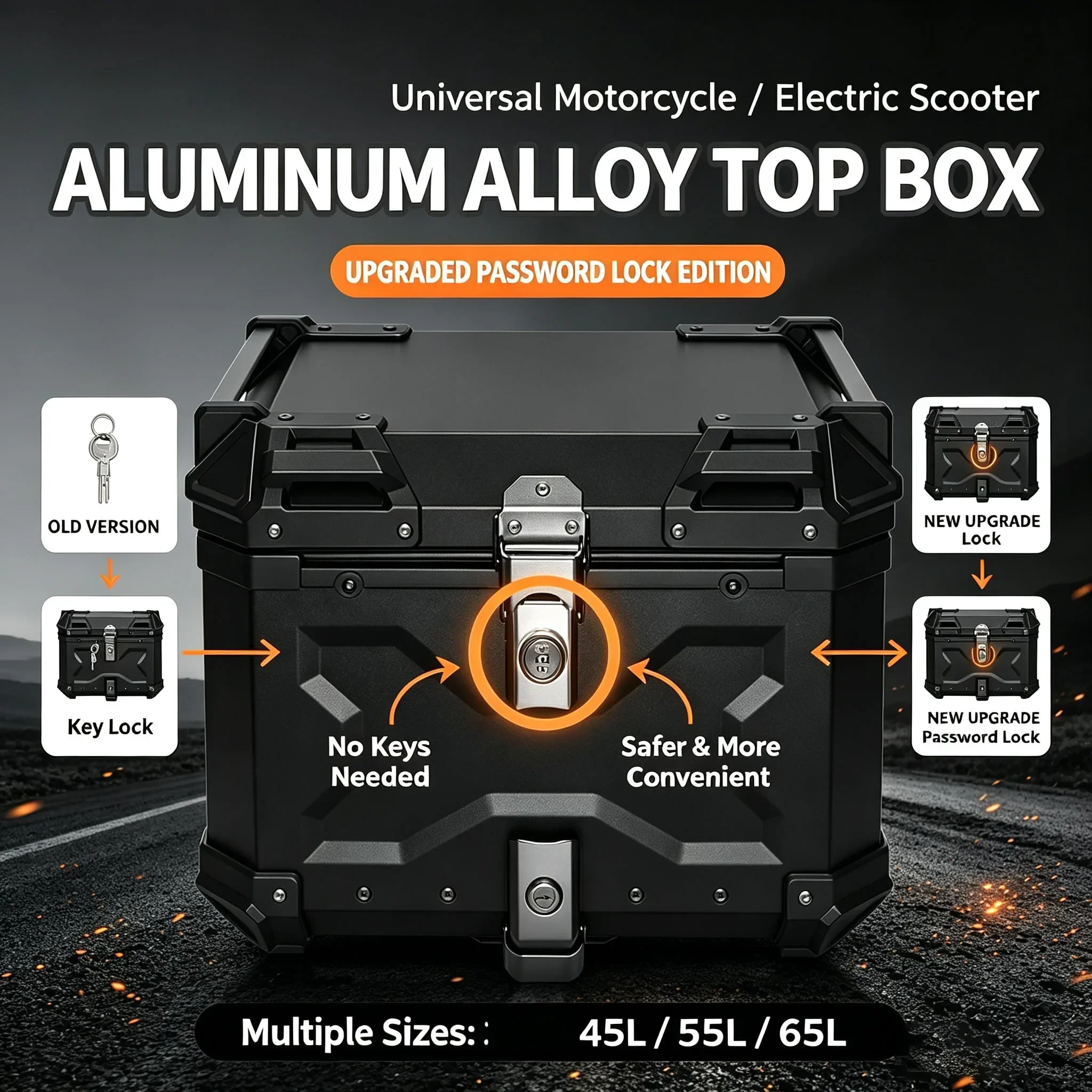 2026 New 45L/55L/65L General Aluminum Alloy Motorcycle Waterproof Helmet Box Upgraded Password Lock Storage Motorcycle Tail Box