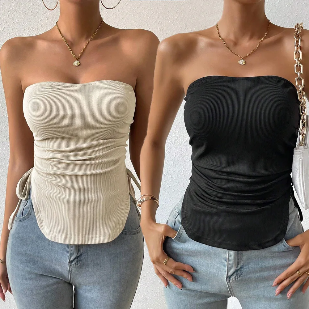 

2024 Sexy Women's Body Fitting Solid Color Drawstring Short Section Bustier Undershirt Ladies Sleeveless T-shirt Top Tank Top