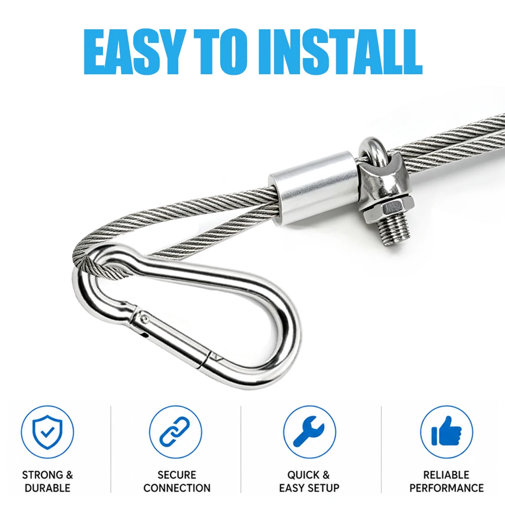 3mm 4mm Stainless Steel Wire Rope Kit with U-shape Cable Clamp and Spring Buckle Suitable for Clothesline and Dog Walking Rope