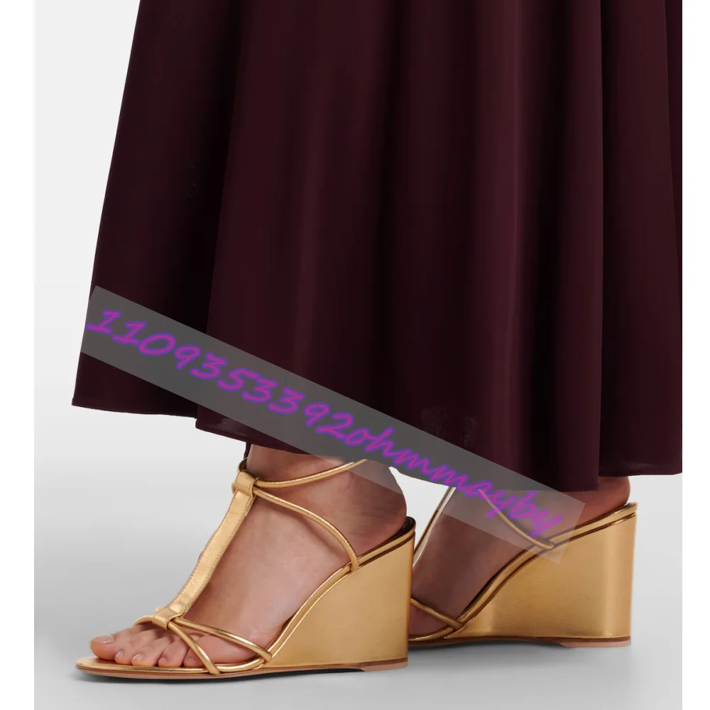 

2026 New Summer Champagne T-Tie Wedge Sandals Ladies Open Toe Round Toe Buckle Strap Dress Shoes Fashionable Luxury Party Shoes