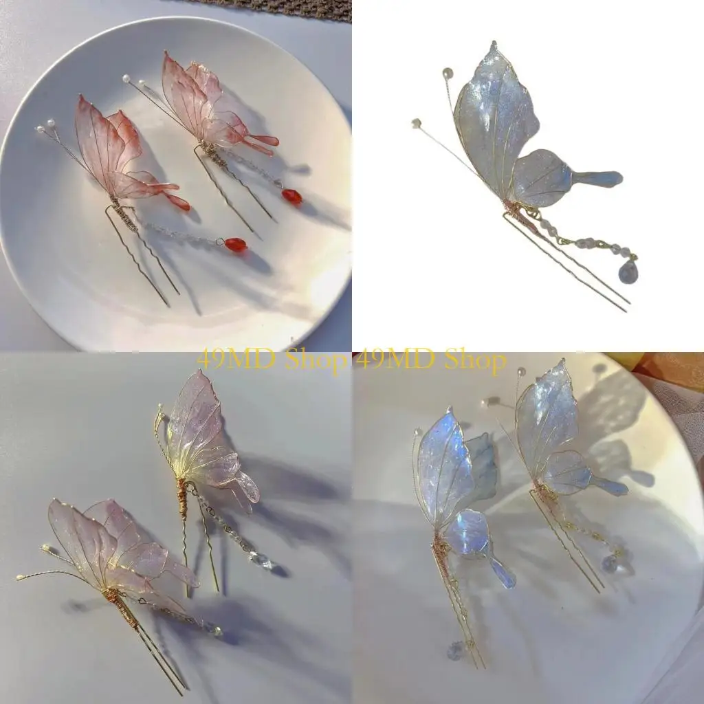 

49MD Tassels Hair Accessory with Luxurious Embellishment Elegant Butterfly Hairpin Fashion Hair