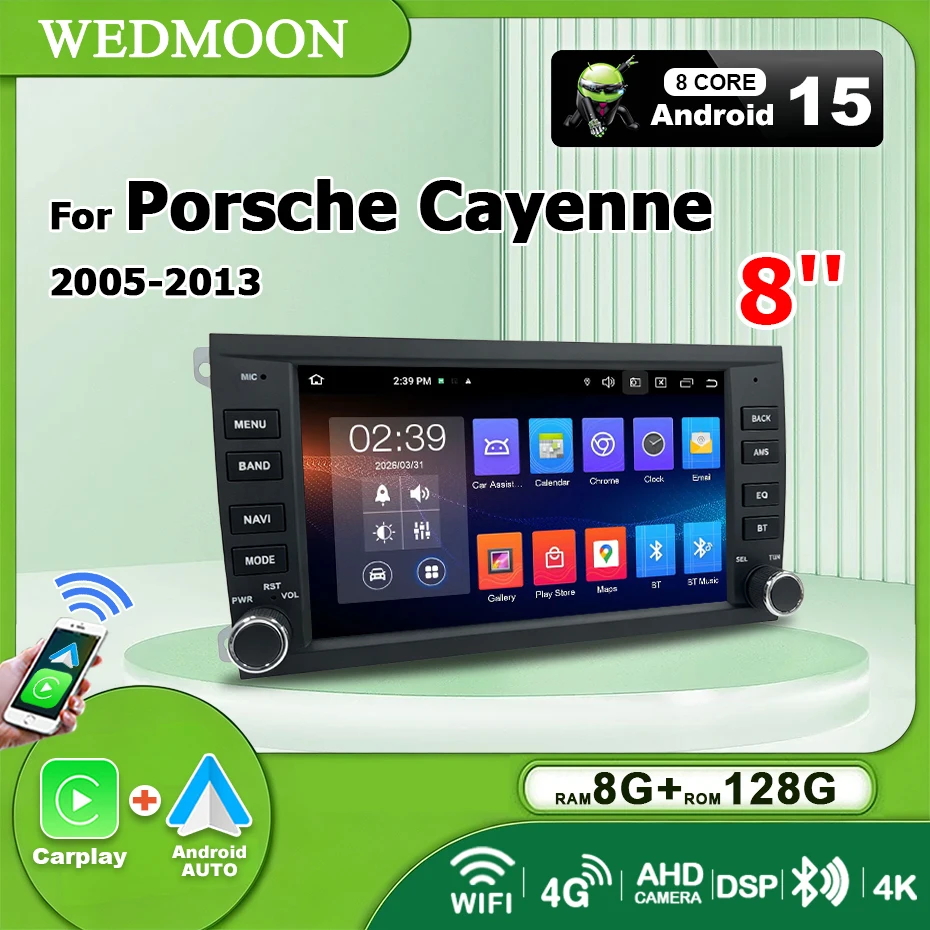 8-Zoll-Bildschirm Android 15 Auto Wireless Carplay Autoradio Bluetooth Stereo für Porsche Cayenne 2005-2013 Autoradio 8-Kern 2 DIN Multimedia-Player Navigation GPS