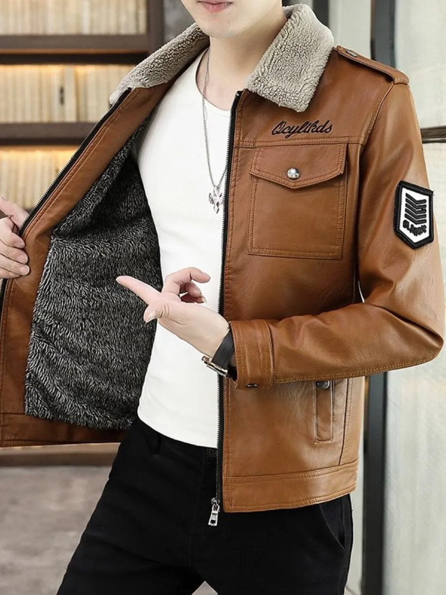 

Мужская зимняя утепленная кожаная куртка Slim Fit с флисовой подкладкой, в корейском стиле, с меховым воротником, весенне-осенняя верхняя одежда, модный бренд