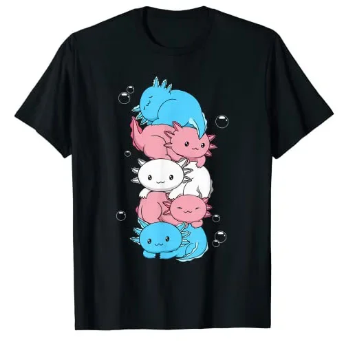 

Cute Axolotl Pile Transgender Pride Flag Graphic Tee Soft Breathable Cotton T-Shirt Unisex Trip Outfit