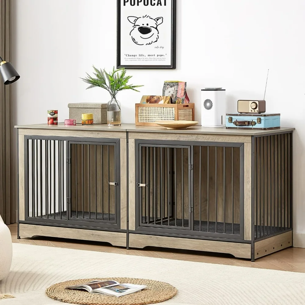 Dog Crate, Furniture for Large or 2 Medium Dogs, Wooden Kennel with Pull Out Tray and Removable Divider and TV Stand, Dog Cage