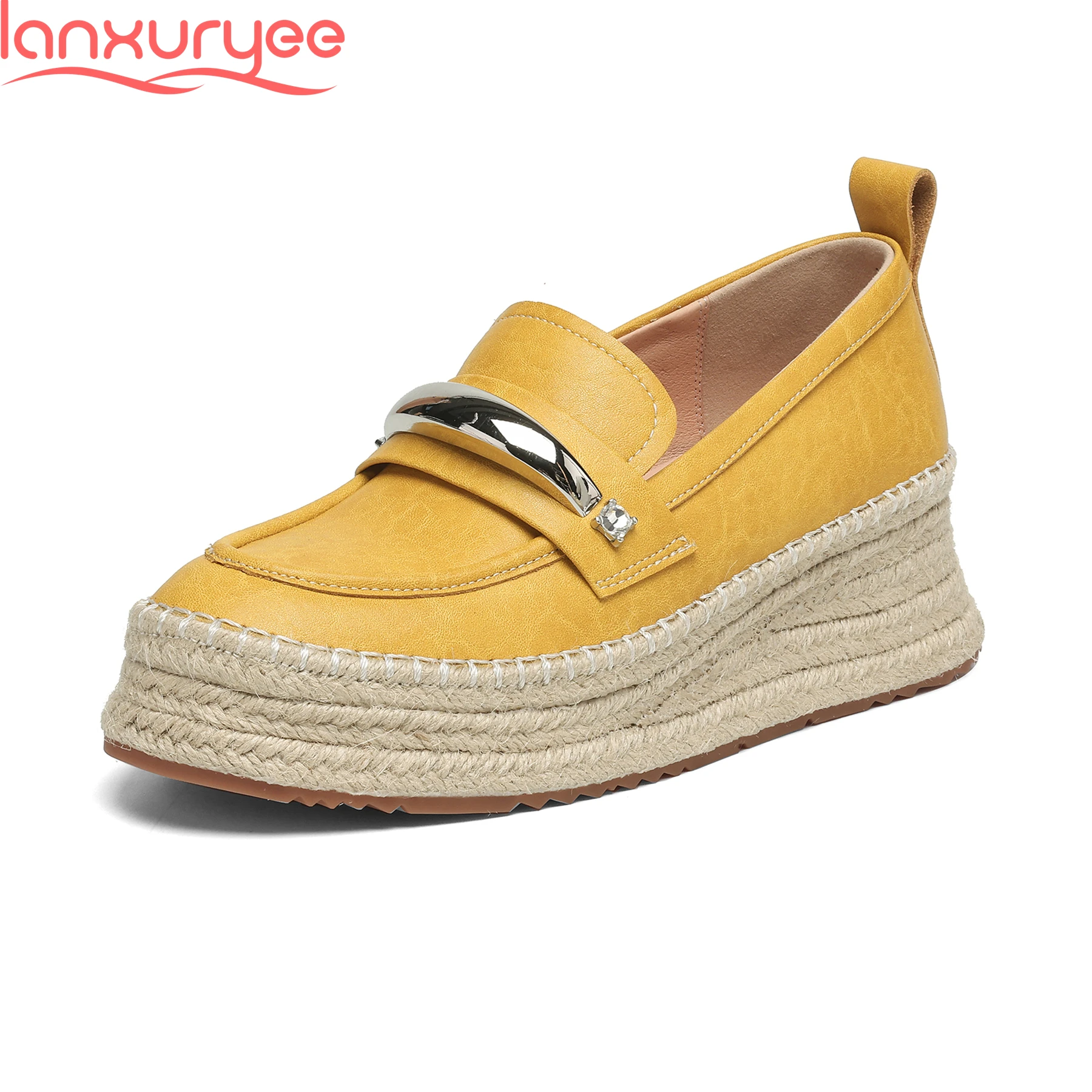 

Lanxuryee Cow Leather Round Toe Thick Bottom Wedges Platform Loafers Luxury Casual Dating Straw Dress Increasing Ins Women Pumps
