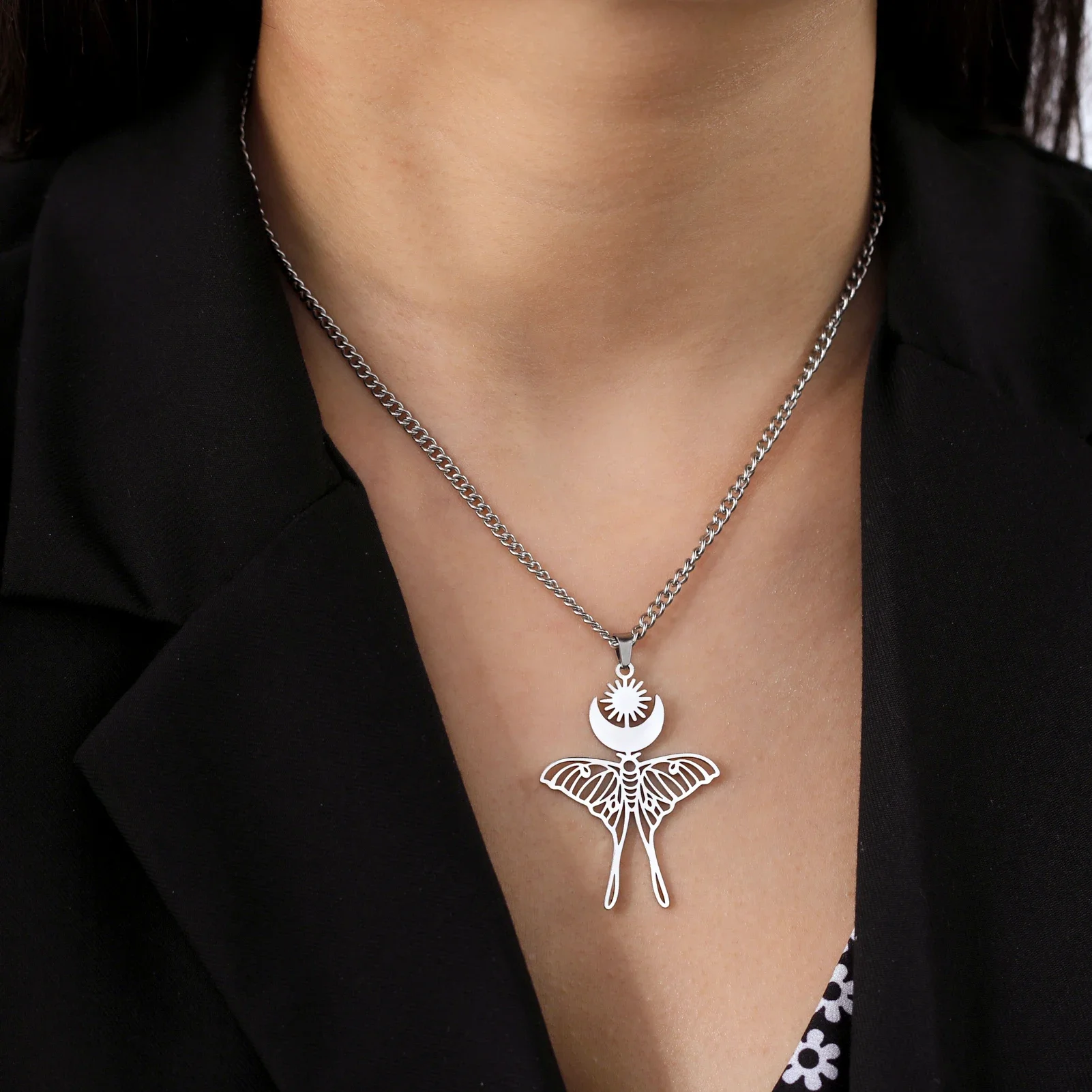 Skyrim Moon Sun Butterfly Pendant Necklace Women Stainless Steel Gold Color Neck Chain Vintage Witchcraft Jewelry Birthday Gift