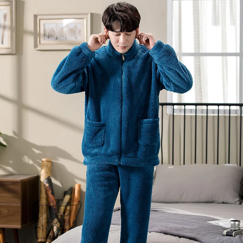 With Zipper Men's Autumn And Winter Thick Flannel Pajamas Sets Long Sleeve Fashion Style Solid Warm Sleepwear Big Yards Pijamas