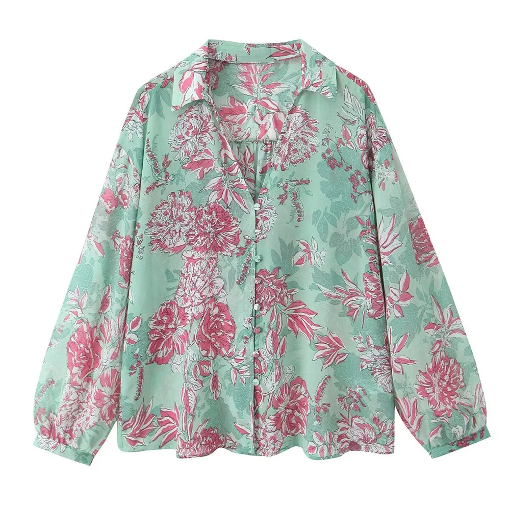 

Summer New Product Women's Collar Long Sleeve Bag Fabric Buckle Design Flower Printed Hanging Shirt