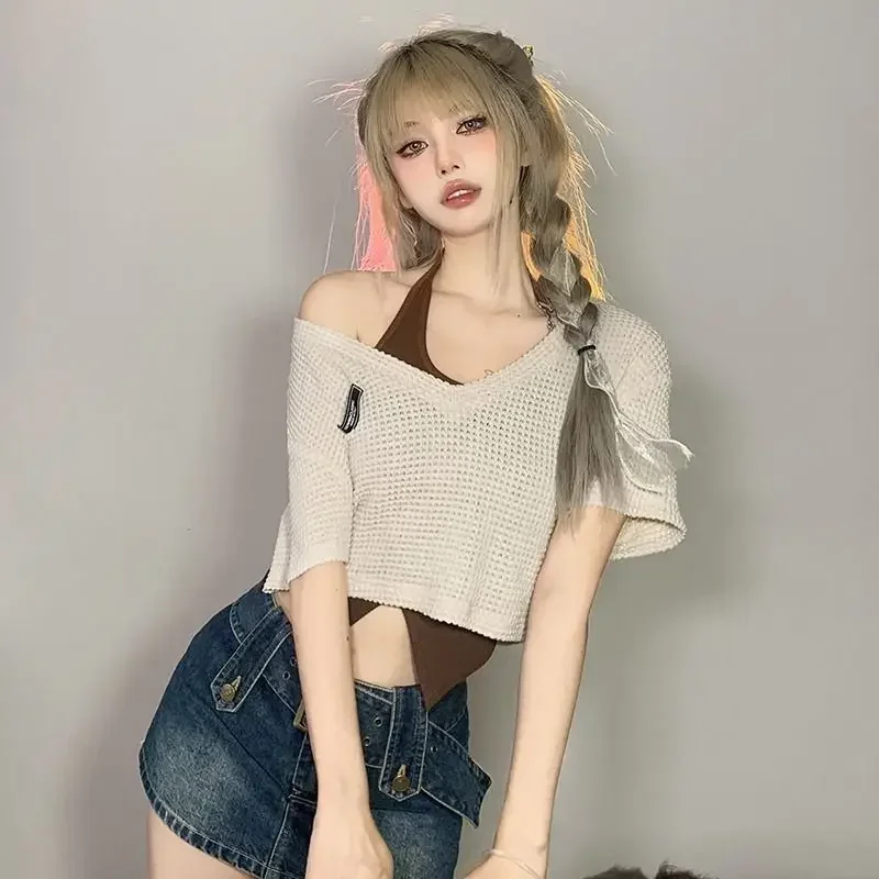 

Sets Women Hotsweet American Style Hollow Out Designed T-shirts Chic Crop Halter Sexy Slim Tanks Streetwear Harajuku Y2k Outfit