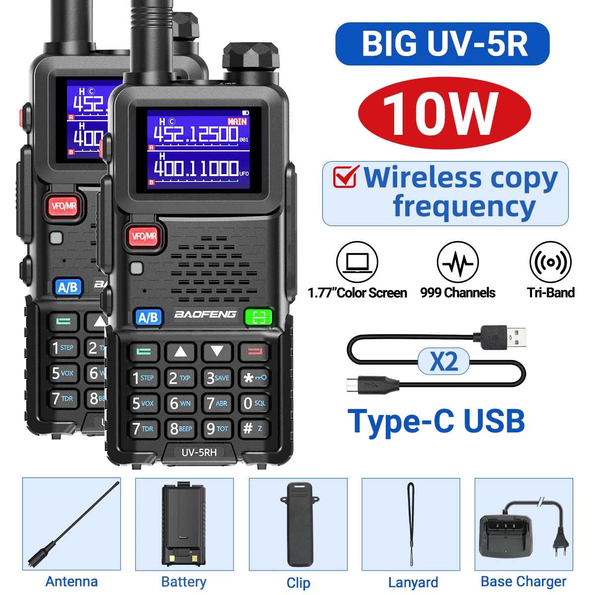 2PCS UV-5RH 10W Air Band Walkie Talkie Draadloze Kopieerfrequentie 999CH Type-C NOAA Lange afstand NOAA VOOR Baofeng UV-5R K5 Ham Radio