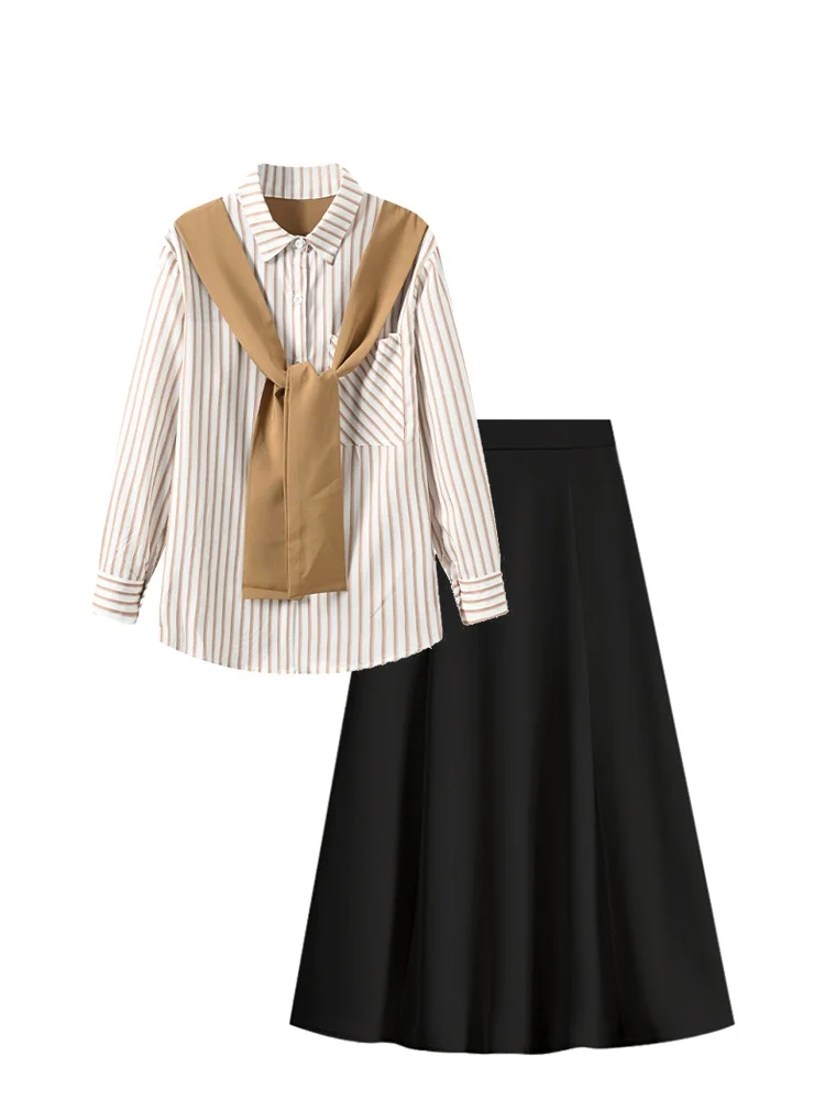 

Комплект из рубашки и юбки больших размеров для женщин: с длинным рукавом, воротником, из полиэстера, осенний, модный, в стиле «Маленькая Франция», для цвета «Сливовый»